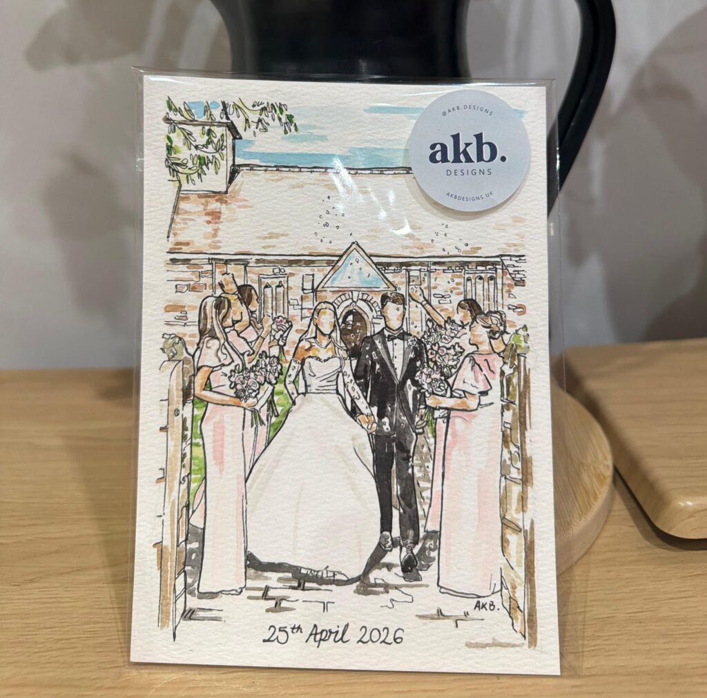 Printed wedding illustration card showing a bride and groom with guests