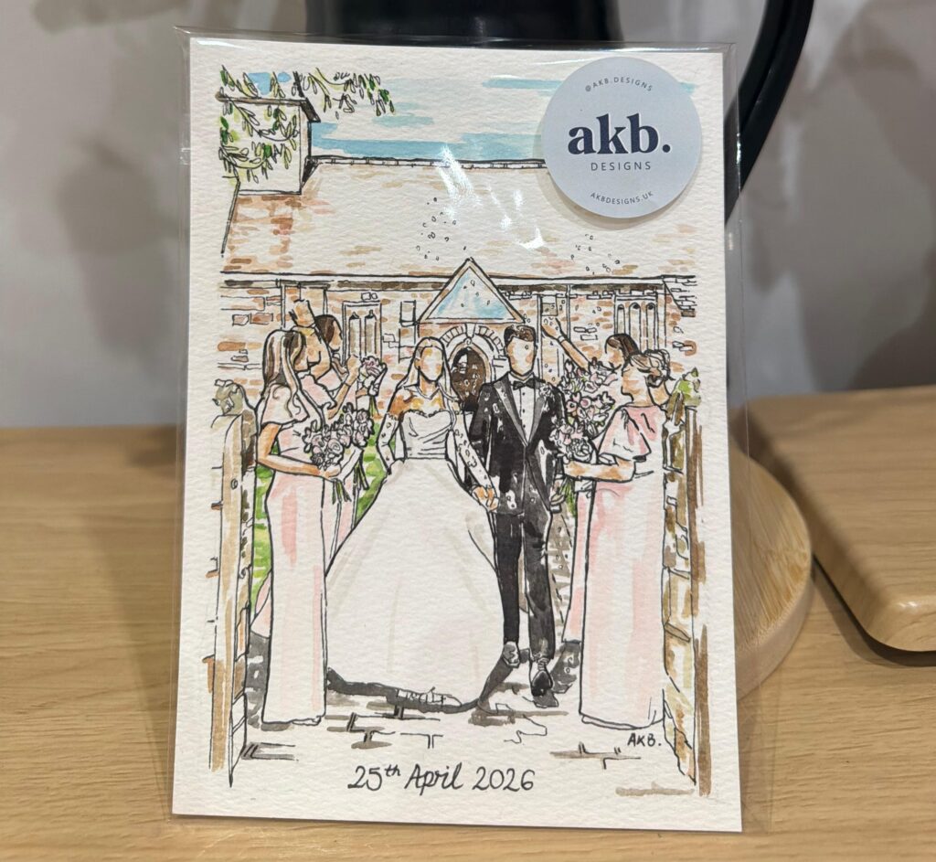 Printed wedding illustration card showing a bride and groom with guests